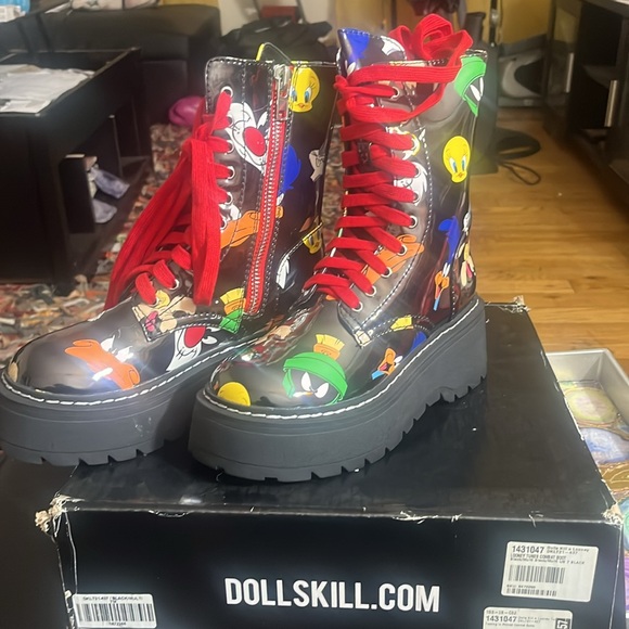 Dolls Kill Black Cartoon Print Boots with Red Laces - Picture 3 of 3